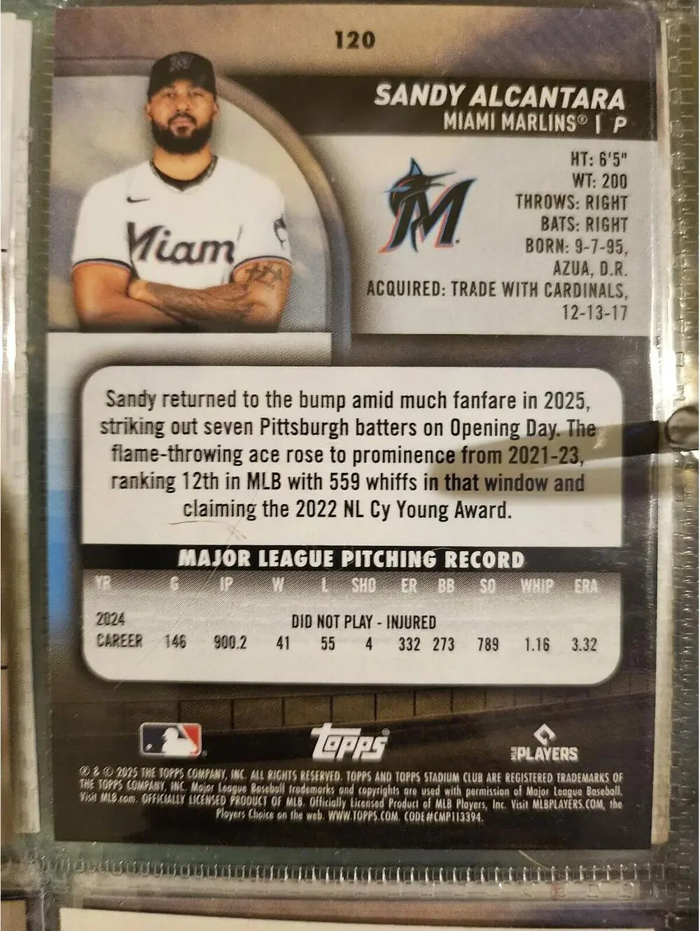 Sandy Alcantara- 2025 Stadium Club  #120 - Marlins - RAW Mint